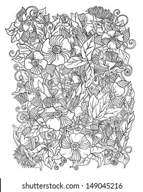 Vector floral background, hand drawn retro flowers and leaves in shades of gray