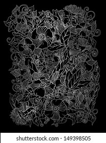 Vector floral background, hand drawn retro flowers and leaves in shades of gray