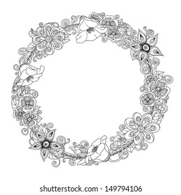 Vector floral background, hand drawn retro flowers and leaves in circle