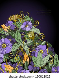 Vector floral background, hand drawn retro flowers and leaves