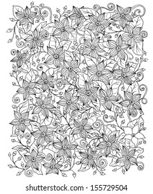 Vector floral background, hand drawn retro flowers and leaves in shades of gray
