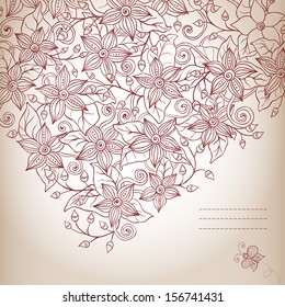 Vector floral background, hand drawn retro flowers, leaves, butterfly and place for your text.