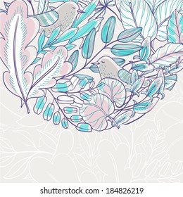 vector floral background with hand drawn leaves and birds