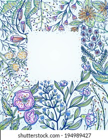 vector floral  background with hand drawn flowers and plants