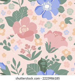 Vector floral background with hand drawn pastel colored flowers, leaves and branches . Lush foliage and blossom illustration. Spring or summer romantic design background.