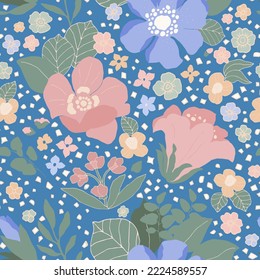 Fondo vectorial floral con flores, hojas y ramas de color pastel dibujadas a mano. Exuberante ilustración de follaje y flor. Ambiente romántico de primavera o verano.