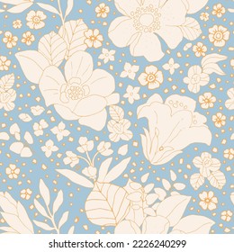 Vector floral background with hand drawn pastel colored flowers, leaves and branches . Lush foliage and blossom illustration. Spring or summer romantic design background.