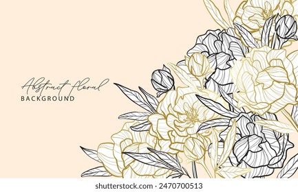 Vector floral background with hand drawn peoni golden frame. Wedding elegant wildflowers for invitation save the date card. Vector trendy greenery