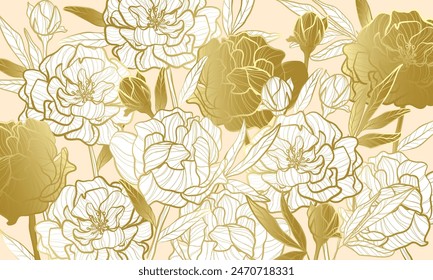 Vector de fondo floral con dibujado a mano peoni patrón de oro. Boda Guardar de flores silvestres elegantes para invitación Vector verde de moda