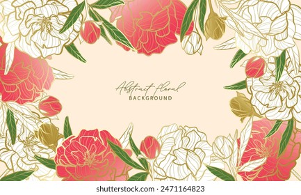 Vector floral background with hand drawn peoni golden pattern frame. Wedding elegant wildflowers for invitation save the date card. Vector trendy greenery