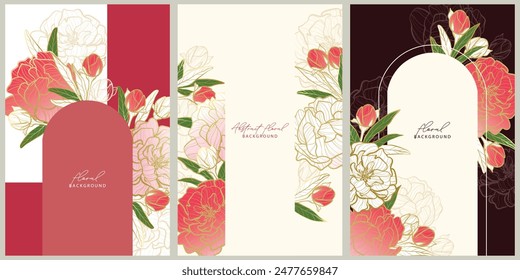 Vektorgrafik Blumenhintergrund mit handgezeichnetem peoni goldenen Muster Rahmen. Hochzeit speichern Elegante Wildblumen für die Einladung zur Date Card. Vektorgrafik Trendgrün