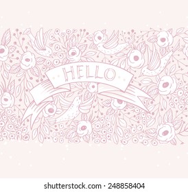 vector floral background with hand drawn roses and birds