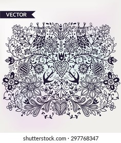 vector floral background with hand drawn plants and owls