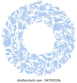 Vector  Floral Background. Hand Drawn Ornament with Floral Wreath. Template for Greeting Card. Paisley Flowers Illustration Design Elements