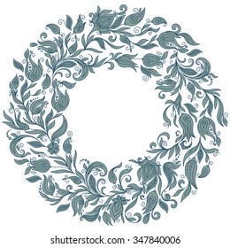 Vector  Floral Background. Hand Drawn Ornament with Floral Wreath. Template for Greeting Card. Paisley Flowers Illustration Design Elements