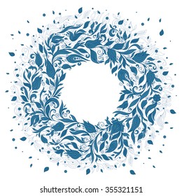 Vector Floral Background. Hand Drawn Ornament with Floral Wreath. Template for Greeting Card. Paisley Flowers Illustration Design Elements
