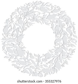 Vector Floral Background. Hand Drawn Ornament with Floral Wreath. Template for Greeting Card. Card with 3d round floral frame