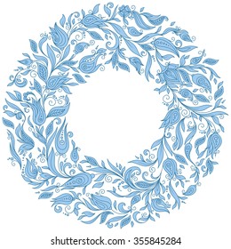 Vector Floral Background. Hand Drawn Ornament with Floral Wreath. Template for Greeting Card. Paisley Flowers Illustration Design Elements