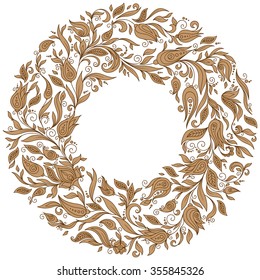 Vector Floral Background. Hand Drawn Ornament with Floral Wreath. Template for Greeting Card. Paisley Flowers Illustration Design Elements