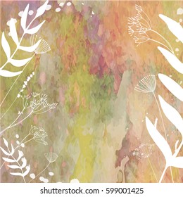 Vector floral  background with hand drawn lavender, dill or fennel flowers , leaves and  abstract paint splashes on watercolor texture background.