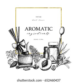 Vector floral background. Hand drawn Perfumery and cosmetics ingredients illustration. Aromatic and medicinal plant design. Vintage template