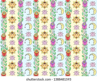 Vector floral background with hand made pattern. Seamless pattern with sun and crescent.