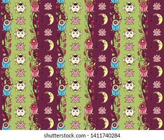 Vector floral background with hand made pattern. Seamless pattern with sun and crescent.