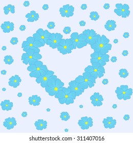 Vector floral background with heart of blue flowers. You can use any color of background