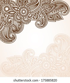Vektorillustration, floraler Hintergrund mit indianischem Verzierung. Spitzen-Muster für Einladung oder Grußkarte
