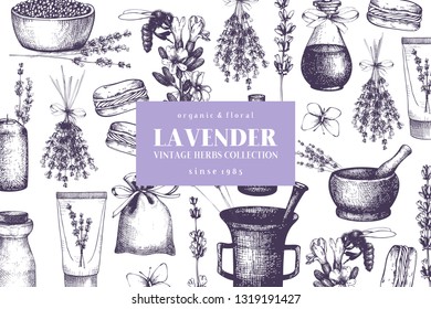 Vector floral background. Ink hand drawn lavender illustrations. Vintage design with flowers and cosmetics sketches. Herbs and aromatic plants template. 