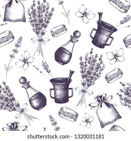 Vector floral background. Ink hand drawn lavender illustrations. Vintage design with flowers and cosmetics sketches. Herbs and aromatic plants seamless pattern. 