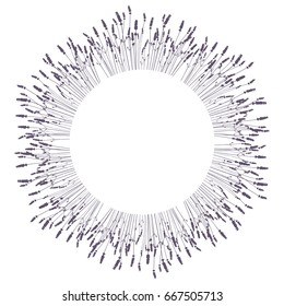 Vector floral background with lavender flowers in  a circle frame. Purple realistic flowers silhouettes isolated on white background.  Perfect for invitation cards, posters, banners, web design.