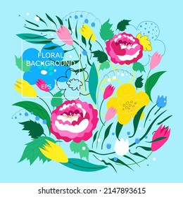 
Fondo vectorial floral con modernos elementos gráficos a mano. Ilustración del estado de ánimo brillante de primavera y verano.