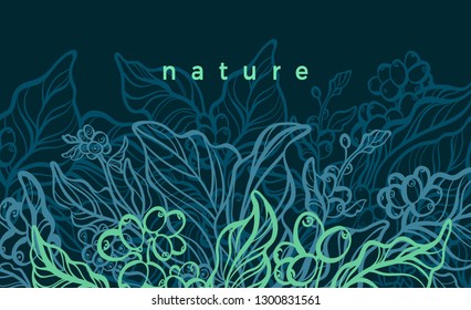 Vector floral background. Nature hand drawn illustration, art line botanical plant. Elegant graphic green banner Vintage organic card. Bio decor, ornament, tropical harvest Coffee tree, bean, flower
 