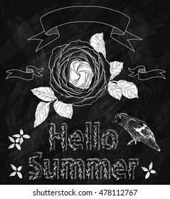 Vector floral background on chalkboard, chalk border with rose, flowers and bird