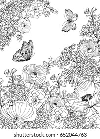 vector floral background ,page for coloring.a monochrome pattern of flowers and butterflies/