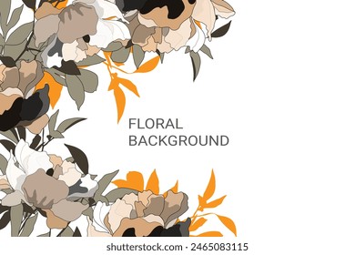 Vector floral background with peonies. Beige, grey, orange color peony flowers and leaves on a white background.