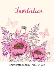 Vector floral background with pink  poppy, wildflowers and butterfly. Hand drawn vector illustration.