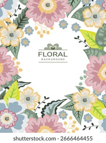 Fundo floral do vetor. Rosa, amarelo, flores azuis, folhas verdes sobre um fundo branco.
