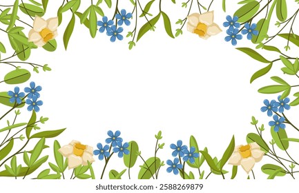 Vector Floral Background with Place for Text. Spring Botanical Illustration for Cards and Invitations. Frame of Flowers and Greenery for Summer Designs.