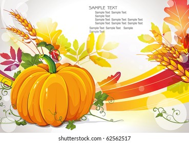 Vector Floral background with Place for your text. Abstract Classical autumn card with pumpkin and foliage.
