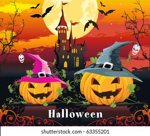 Vector Floral background with Place for your text. Abstract Classical autumn card with pumpkin and foliage.