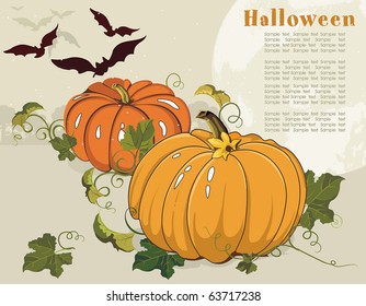 Vector Floral fondo con Place para el texto. Resumen Ilustración clásica de calabazas anaranjadas y murciélago.