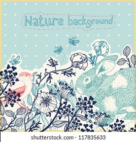 vector floral background with plants and animals