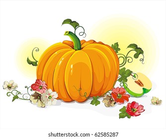 Vector Floral background with pumpkin and flowers. Abstract Classical autumn card.
