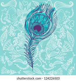 Vector floral background with raven's and peacock's feathers.