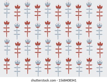 Vector Floral background. Scandinavian style with red and  blue flower lily, tulip. Nordic Ornament for design, fabric, textile, wrapping paper, wallpaper. 