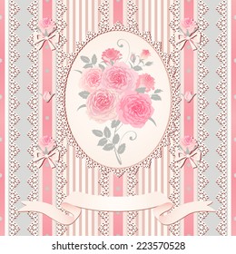 Vector floral background. Seamless striped polka dot pattern with roses, laces and bows. Shabby chic style