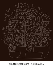 Vector floral background, silhouette flowers, isolated on the dark background