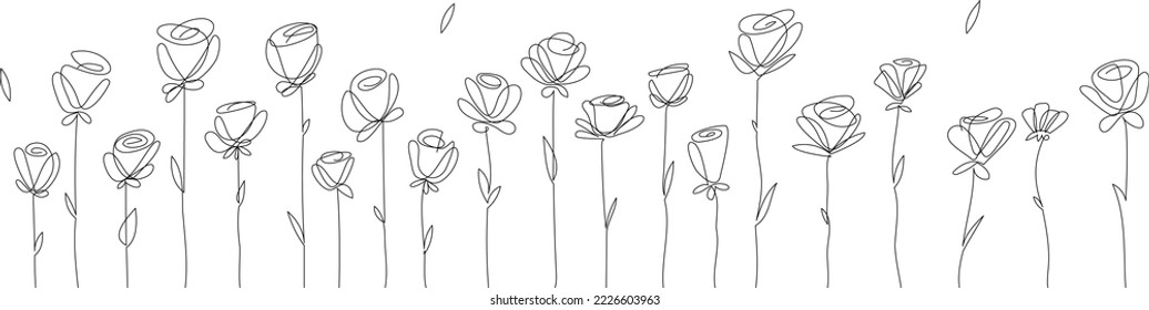 Fondo vectorial floral. Flores de una sola línea alineadas en fila, de diferentes alturas. Cerdos en flor